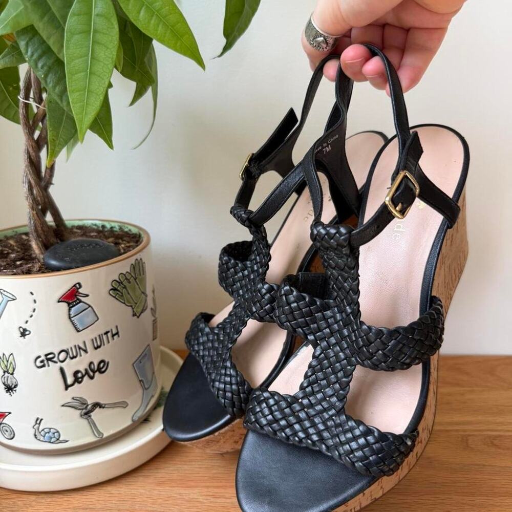 Kate Spade Black Woven Leather Cork Wedge Sandals Size 7